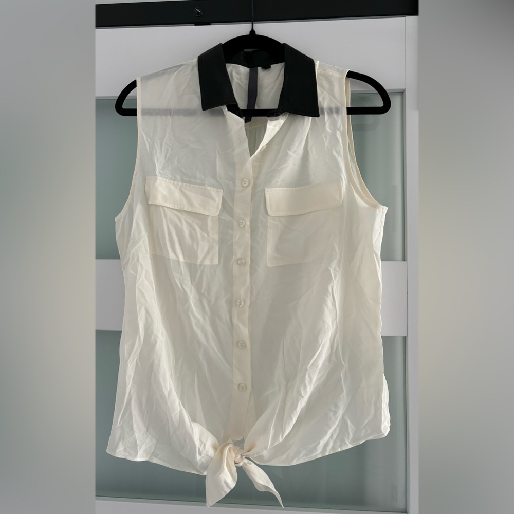 Wyatt Silk Button Down Tank with Leather Collar